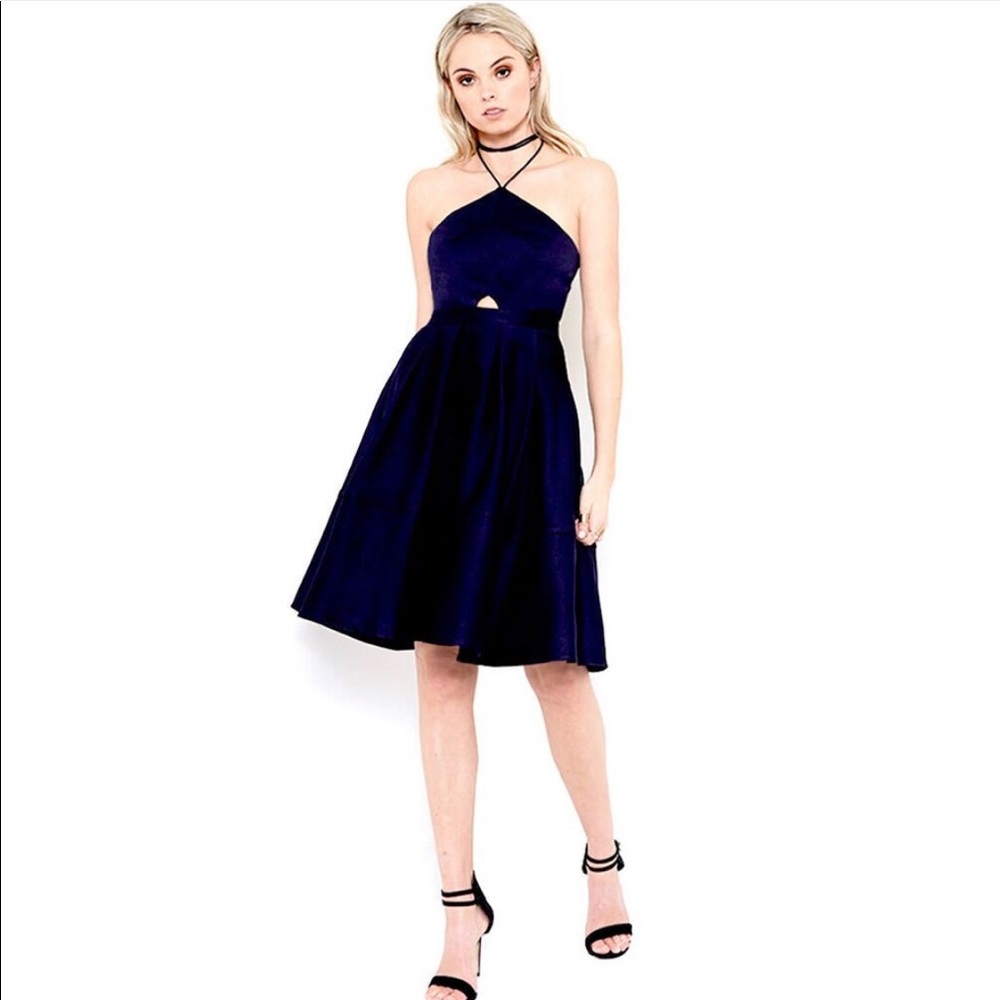 Navy Body Language Strap Halter Fit & Flare Dress
